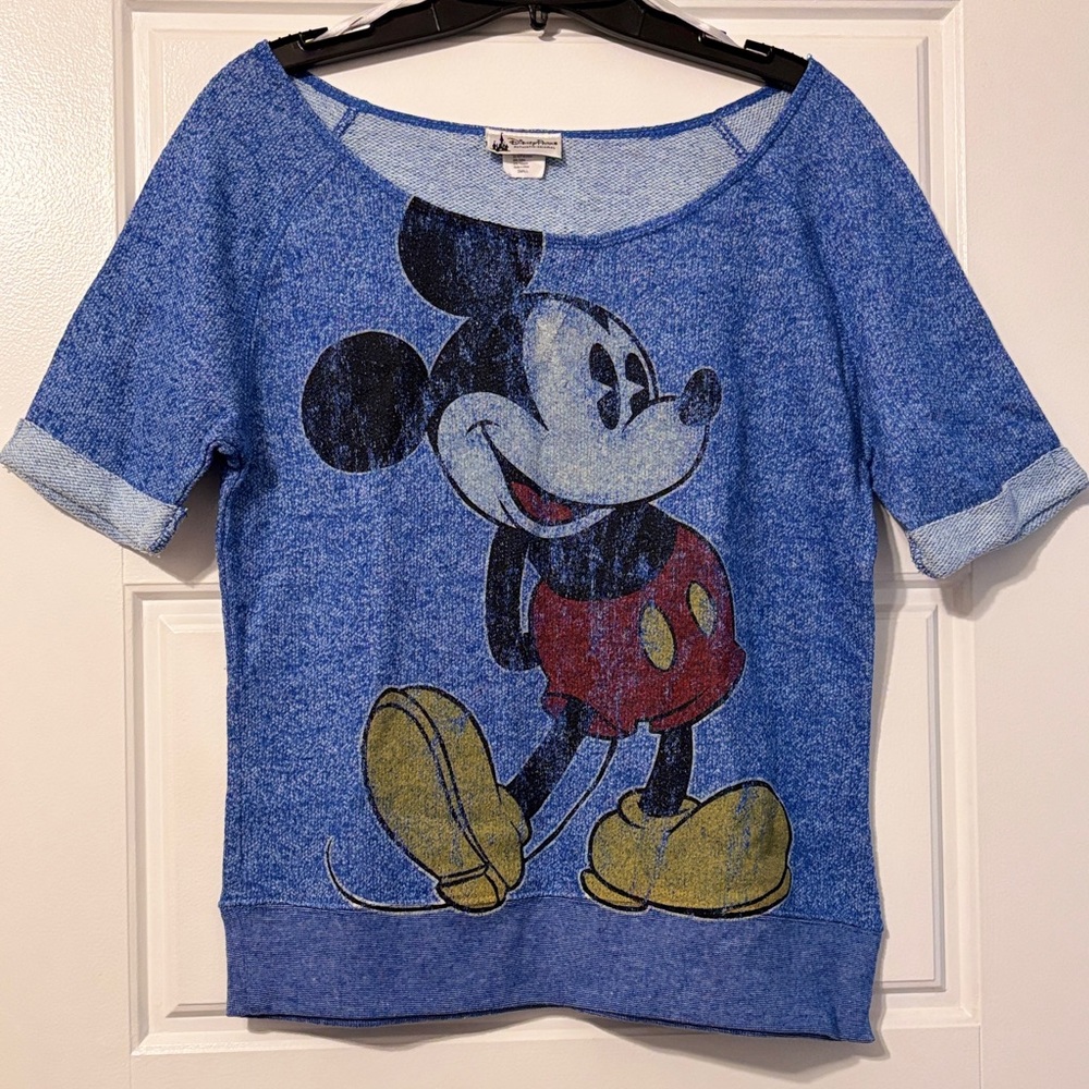 Disney Parks blue Mickey Mouse print short sleeve scoop neck sweatshirt